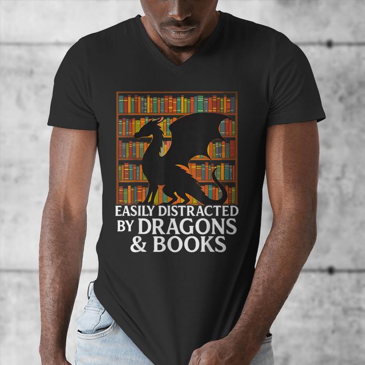 Reading Dragon Easily Distracted By Dragons And Books Men's V-Neck T-Shirt Reading Dragon Easily Distracted By Dragons And Books Men's V-Neck T-Shirt