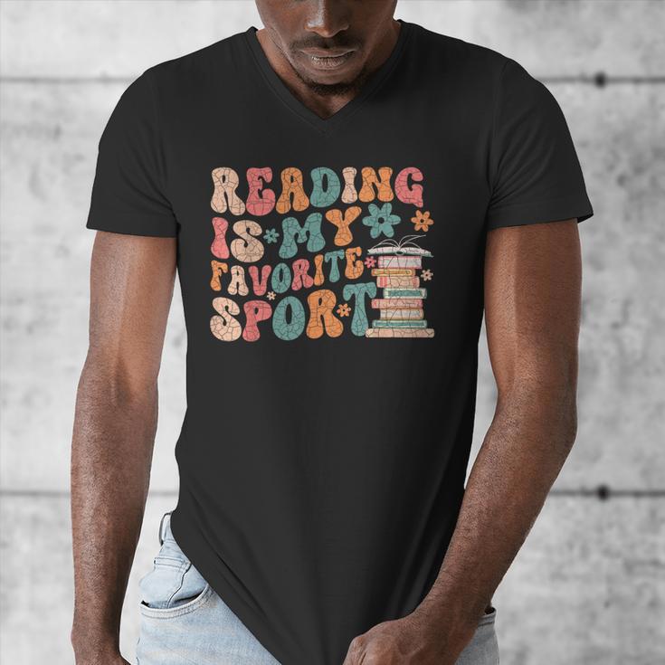 Reading Is My Favorite Sport Retro Groovy Book Lovers Men's V-Neck T-Shirt