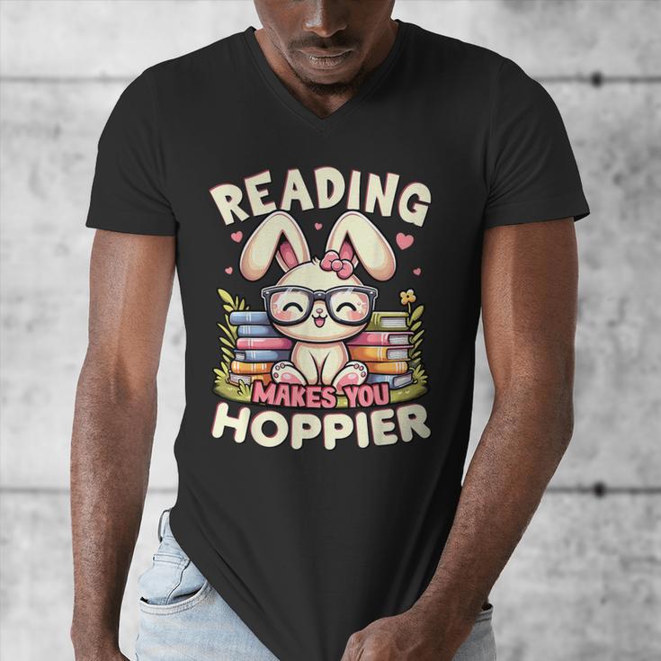 Reading Makes You Hoppier Bunny Book Fans Toddler Kid Men's V-Neck T-Shirt Reading Makes You Hoppier Bunny Book Fans Toddler Kid Men's V-Neck T-Shirt