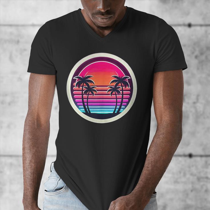 Retro 80s Synthwave Sunset & Palm Trees Retro Nostalgia 80s Men's V-Neck T-Shirt