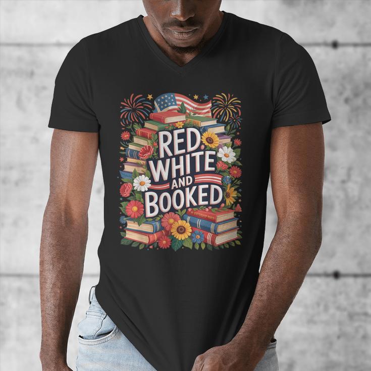 Retro Floral Red & Booked Library Reading 4th Of July Men's V-Neck T-Shirt