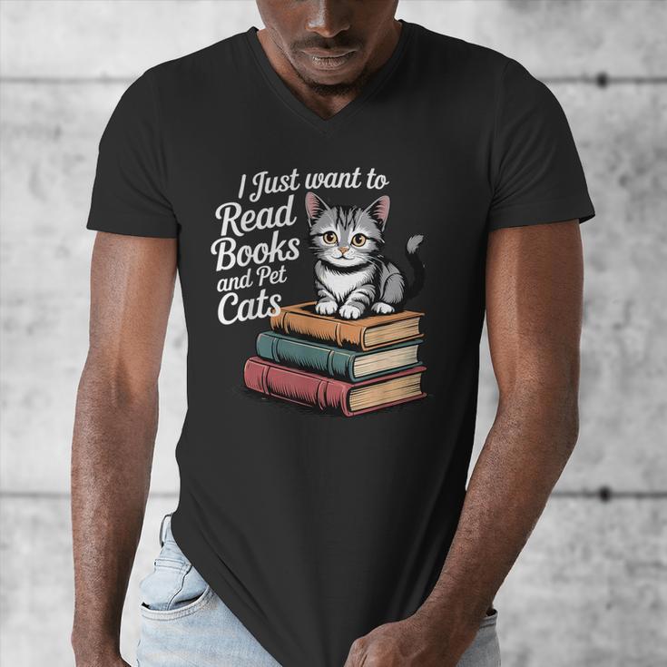 Retro I Just Want To Read Books And Pet Cats Cat For Men Women Kids Men's V-Neck T-Shirt