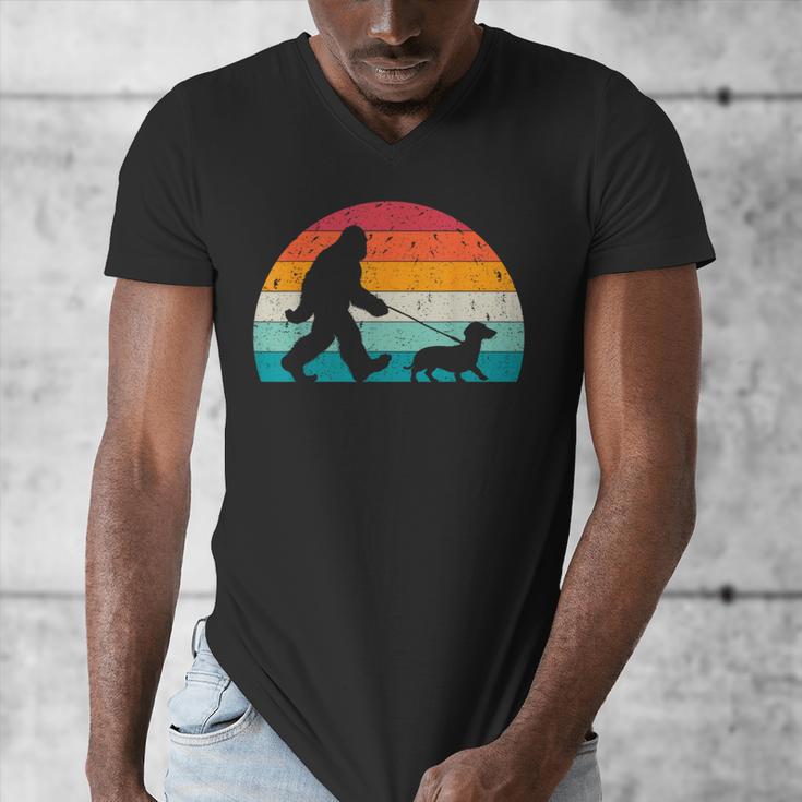 Retro Sasquatch Lover Doxie Wiener Dog Walker Bigfoot Walking a Dog Dachshund Weiner Dog Dad Weenie Small Men's V-Neck T-Shirt