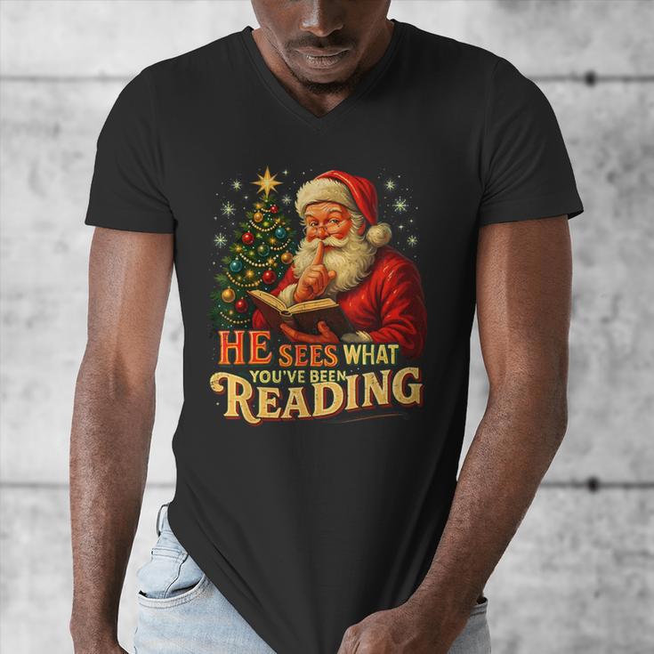 He Sees What You’Ve Been Reading Santa Book Lover Christmas Men's V-Neck T-Shirt He Sees What You’Ve Been Reading Santa Book Lover Christmas Men's V-Neck T-Shirt