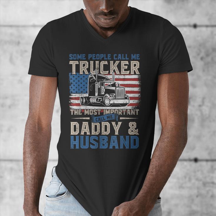 Semi Truck Driver Trucker Daddy Husband US American Flag Men's V-Neck T-Shirt