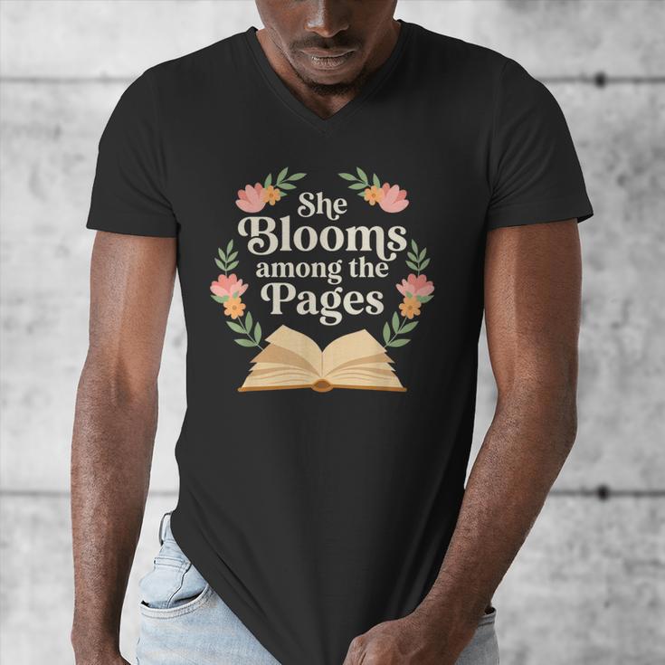 She Blooms Among The Pages Women Mom Wife Floral Book Quote Men's V-Neck T-Shirt She Blooms Among The Pages Women Mom Wife Floral Book Quote Men's V-Neck T-Shirt