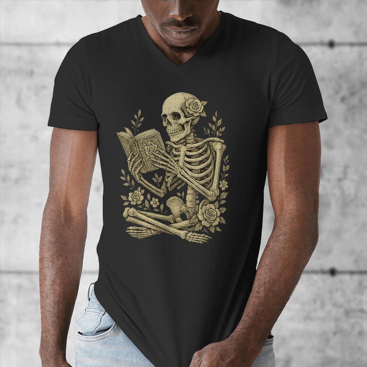 Skeleton Book Floral Skull Halloween Teacher Costume Men's V-Neck T-Shirt Skeleton Book Floral Skull Halloween Teacher Costume Men's V-Neck T-Shirt