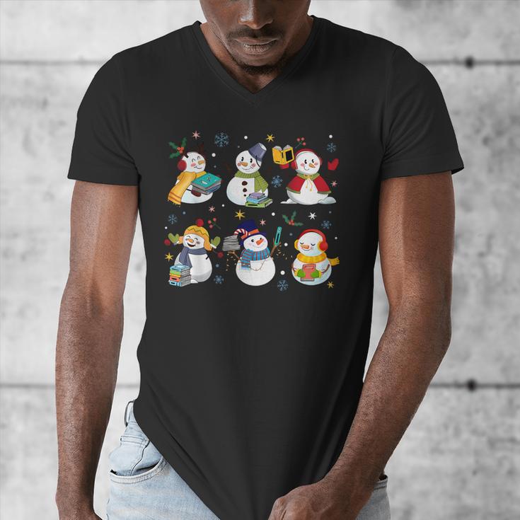 Snowman Reading Books Teacher Christmas Librarian Bookworm Men's V-Neck T-Shirt