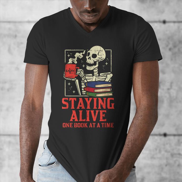 Staying Alive One Book At A Time Skeleton Reading Librarian Men's V-Neck T-Shirt