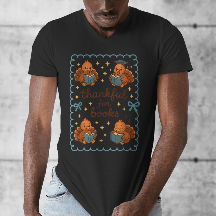 Thankful For Books Turkey Reading Book Lovers Fall Teacher Men's V-Neck T-Shirt