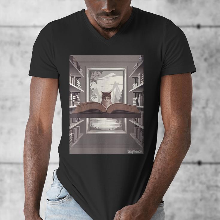Totally Weird Tees Cat Library Book Reading Literary Men's V-Neck T-Shirt