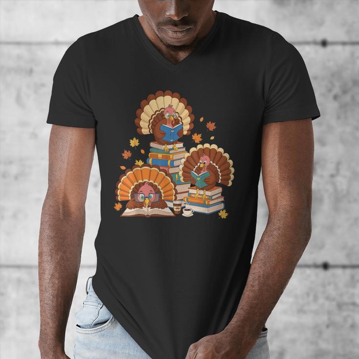 Turkey Read Books Reading Fall Thanksgiving Teacher Men's V-Neck T-Shirt