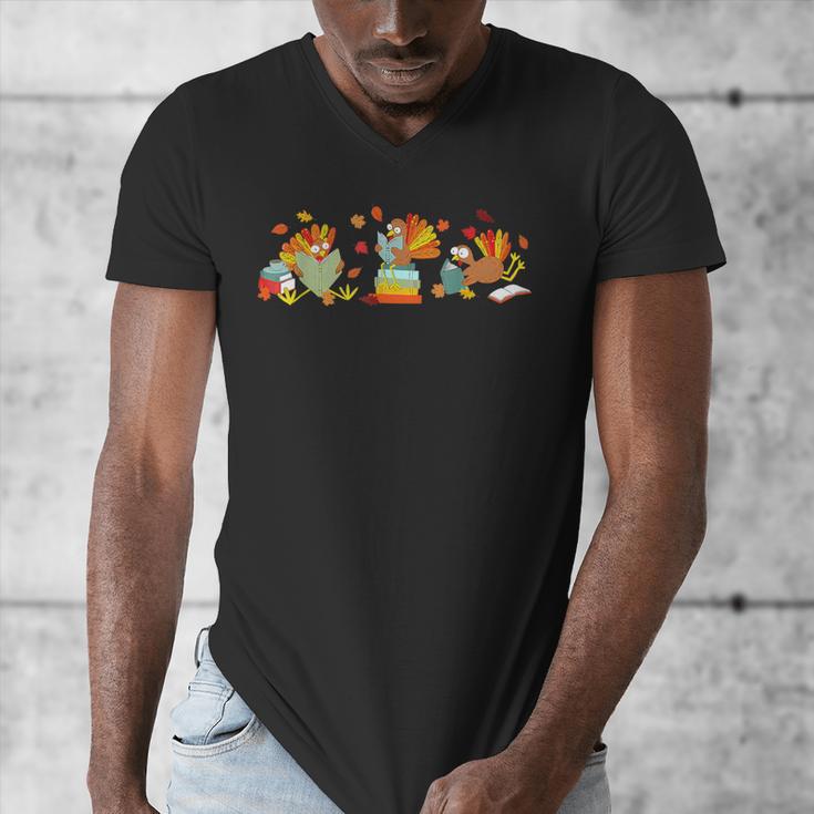 Turkey Reading Books Fall Thanksgiving Teacher Book Lovers Men's V-Neck T-Shirt