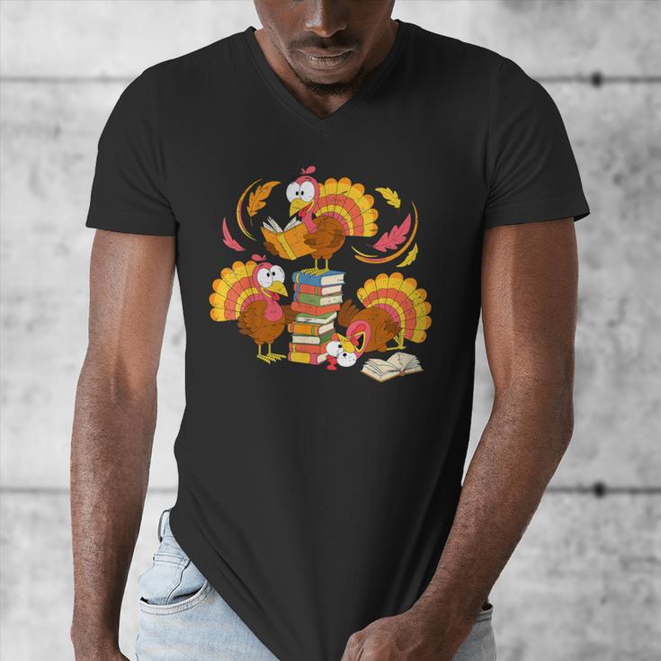 Turkey Reading Books Fall Thanksgiving Teacher Librarian Men's V-Neck T-Shirt