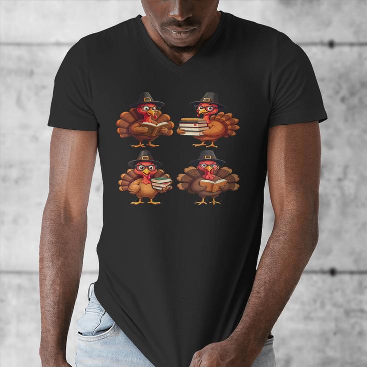 Turkey Reading Books Shirt Thanksgiving Turkey Bookworm Men's V-Neck T-Shirt