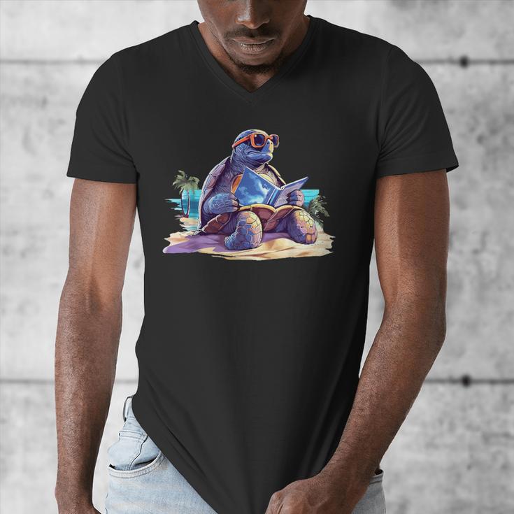 Turtle Wearing Sunglasses Reading A Book On The Beach Summer Men's V-Neck T-Shirt