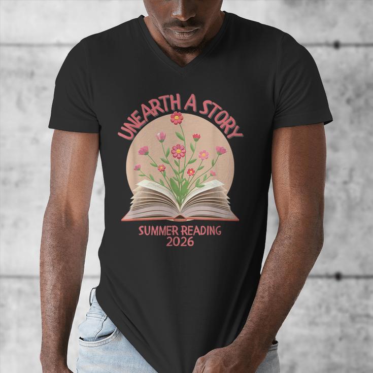 Unearth a Story 2026 Summer Reading Program Flowers Book Men's V-Neck T-Shirt