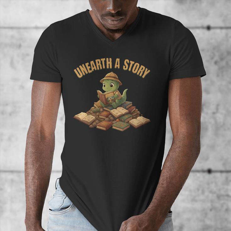 Unearth a Story Dinosaur Reading Books Summer 2026 Men's V-Neck T-Shirt