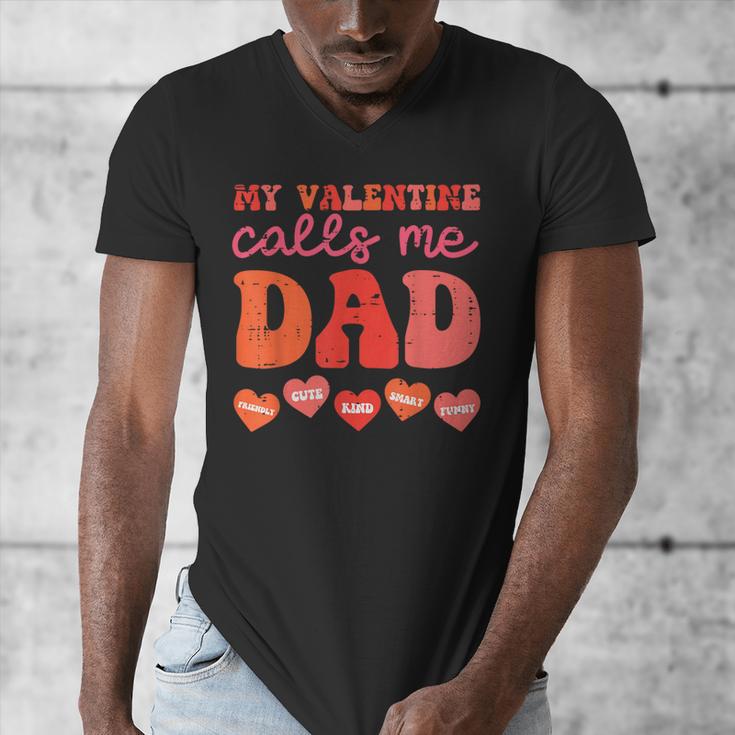 My Valentine Calls Me Dad Retro Groovy Family Daddy Papa Men Men's V-Neck T-Shirt