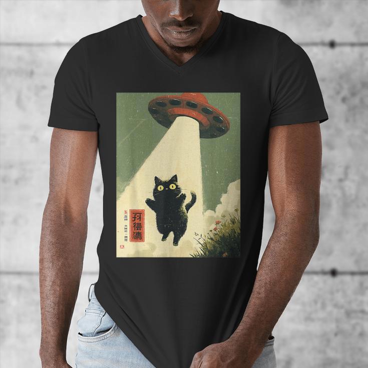 Vintage Japanese Cat Alien Cat Dad UFO Abduction Graphic Tee Men's V-Neck T-Shirt