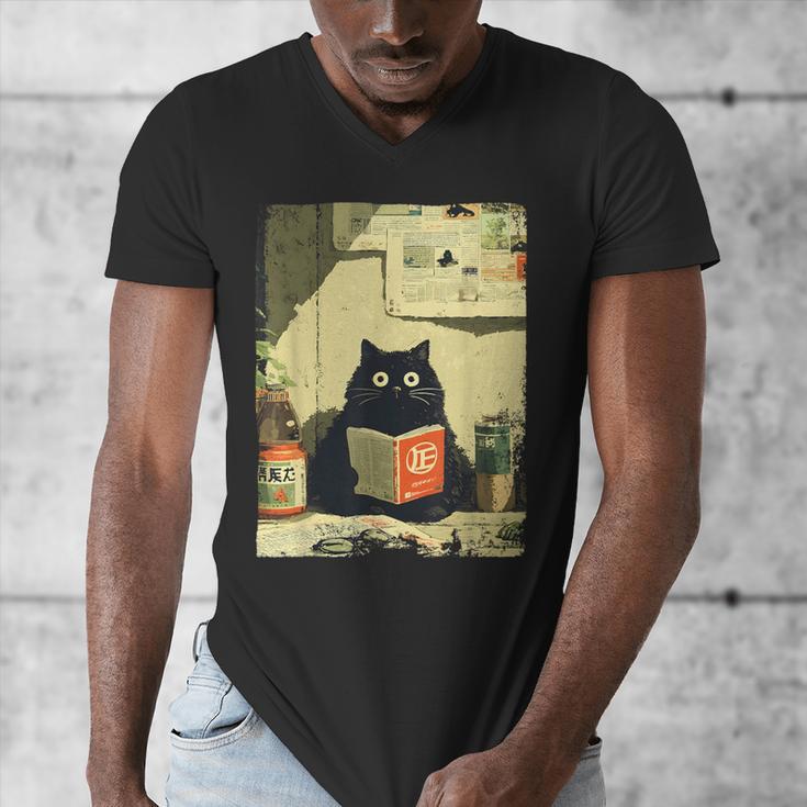 Vintage Japanese Cat Book Lovers Librarian Cat Dad Teacher Men's V-Neck T-Shirt
