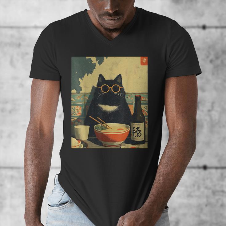 Vintage Japanese Cat Ramen Cat Dad Retro Graphic Women Men's V-Neck T-Shirt