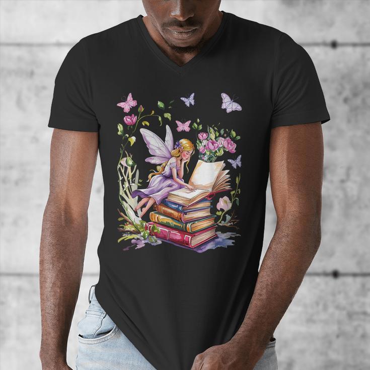 Watercolor Butterfly Fairy Read Book Library Fantasy Novel Men's V-Neck T-Shirt