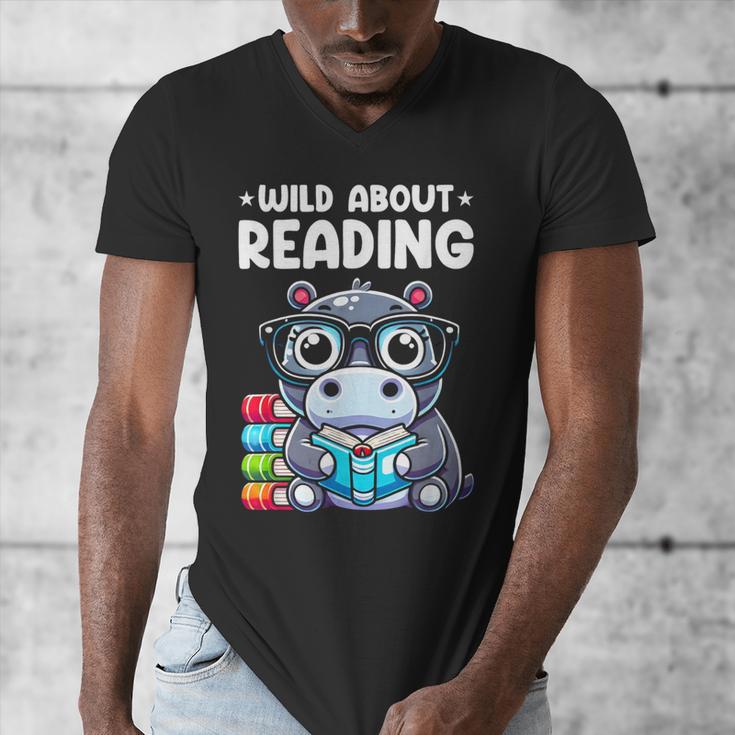 Wild About Reading Book Lover Hippo Men's V-Neck T-Shirt