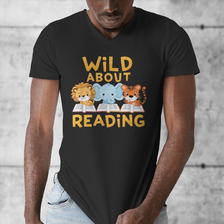 Wild About Reading Cute Animal Book Lover Kids Men's V-Neck T-Shirt Wild About Reading Cute Animal Book Lover Kids Men's V-Neck T-Shirt