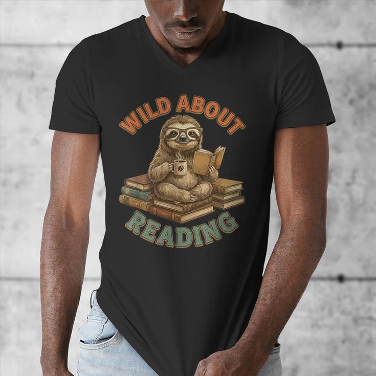 Wild About Reading Sloth Coffee Teacher Book Lover Men's V-Neck T-Shirt