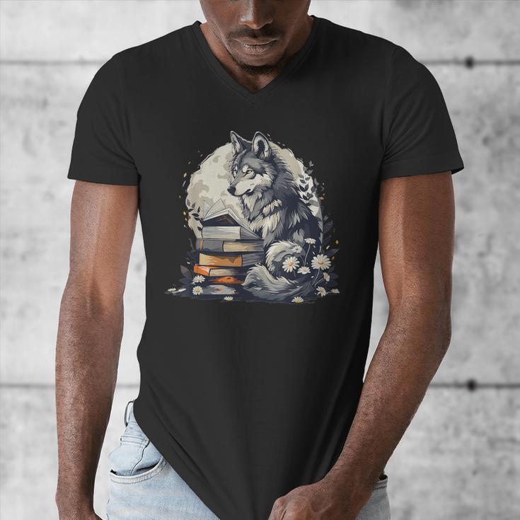 Wolf Reading Book Librarian Library Wolves Men's V-Neck T-Shirt
