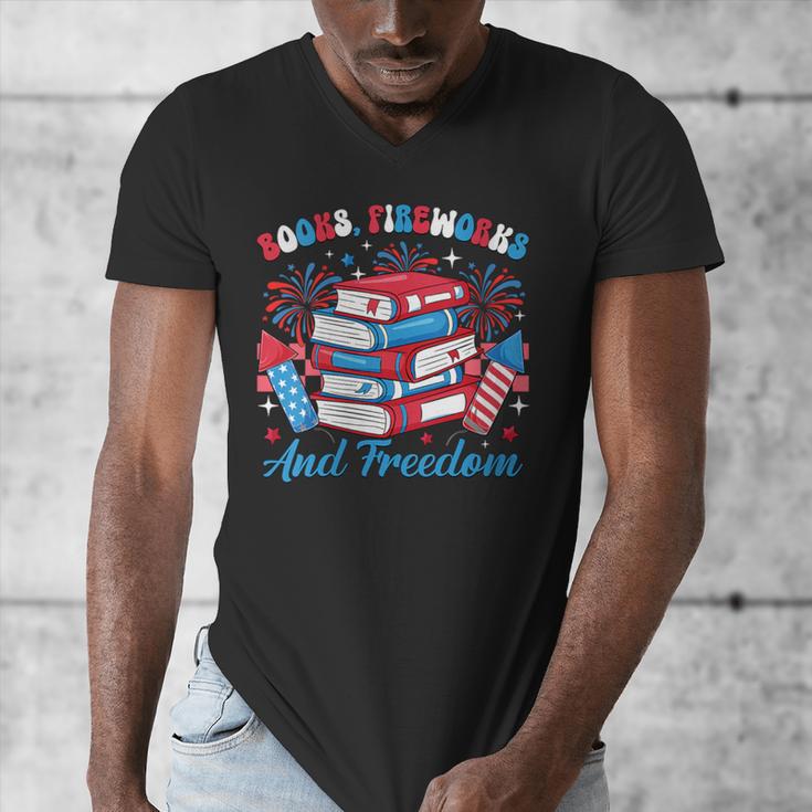 Women's Books Fireworks And Freedom Independence Day Book Lover Men's V-Neck T-Shirt Women's Books Fireworks And Freedom Independence Day Book Lover Men's V-Neck T-Shirt