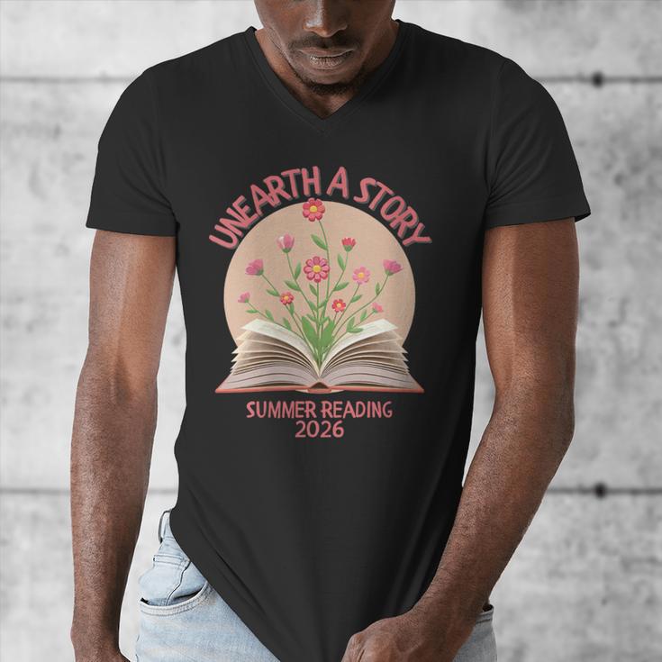 Women's Unearth a Story 2026 Summer Reading Program Flowers Book Men's V-Neck T-Shirt