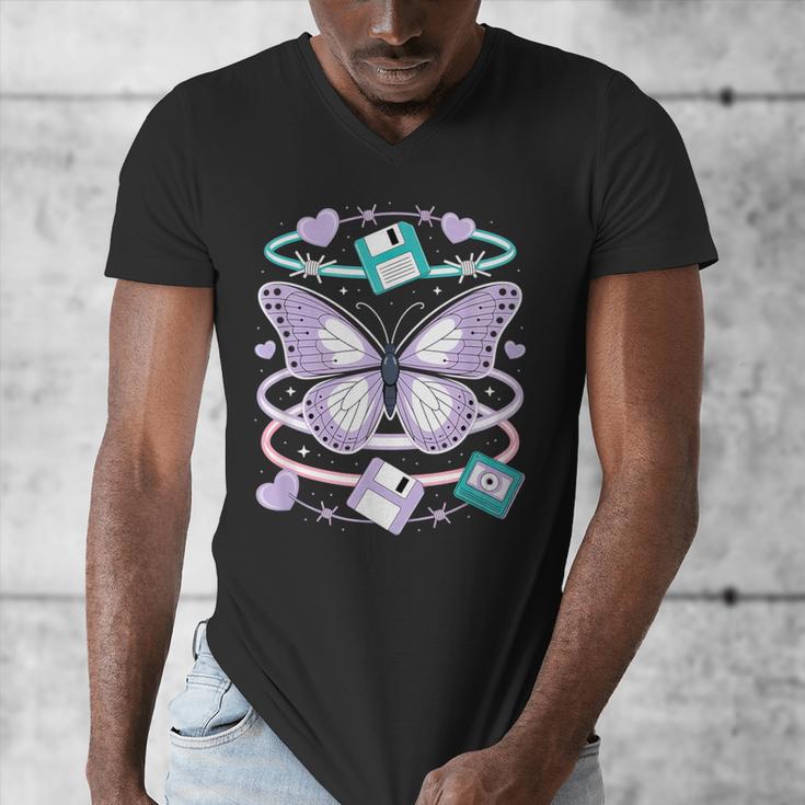 Y2K Butterfly Floppy Disk Art Digital Nostalgia Men's V-Neck T-Shirt Y2K Butterfly Floppy Disk Art Digital Nostalgia Men's V-Neck T-Shirt