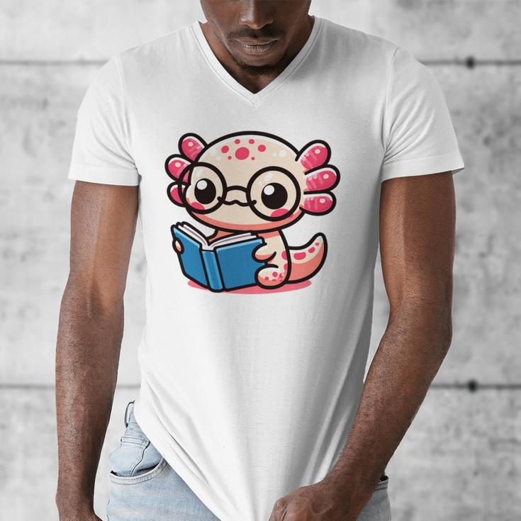 Adorable Book Lover Axolotl With Reading Glasses Cute Men's V-Neck T-Shirt
