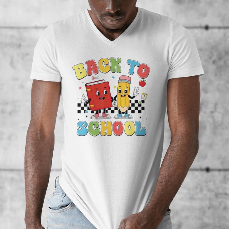 Back To School Checkered Book Pencil Groovy Teacher Student Men's V-Neck T-Shirt