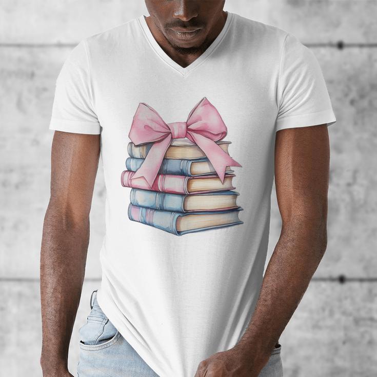 Book Lover Coquette Bow Pink Dainty Ribbon Cute Bookworm Men's V-Neck T-Shirt