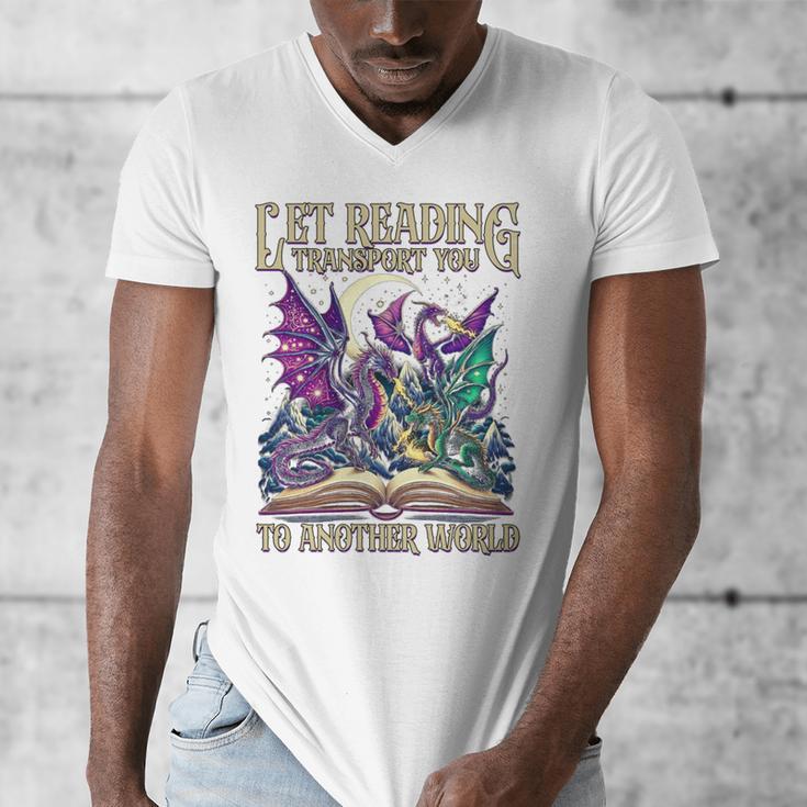 Book Lover Dragon Reading Transport You To Another World Men's V-Neck T-Shirt Book Lover Dragon Reading Transport You To Another World Men's V-Neck T-Shirt