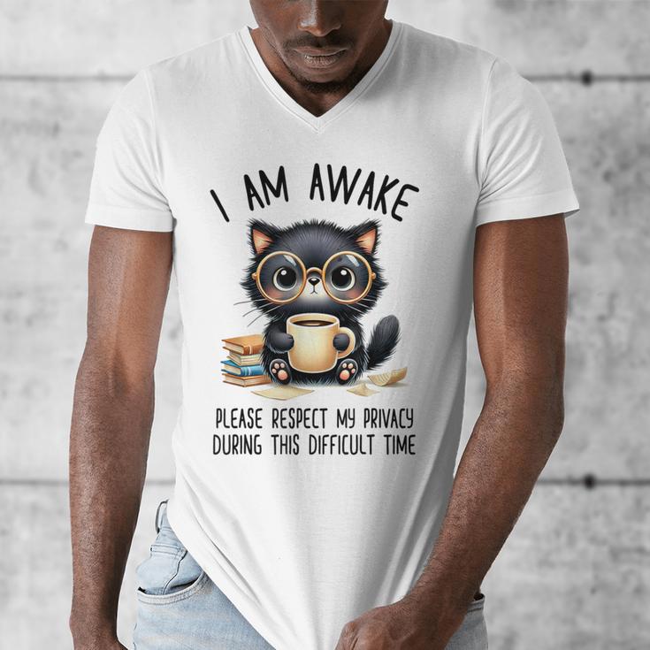 Cat Glasses Coffe Books I Am Awake Please Respect My Privacy Men's V-Neck T-Shirt Cat Glasses Coffe Books I Am Awake Please Respect My Privacy Men's V-Neck T-Shirt