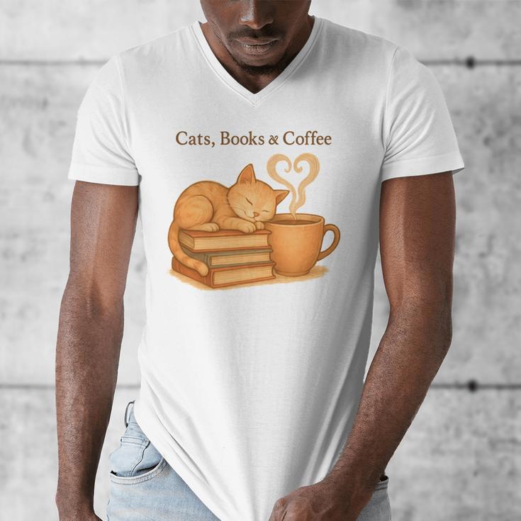 Cats Books And Coffee Heart Cozy Cat Lover Bookworm Readers Men's V-Neck T-Shirt
