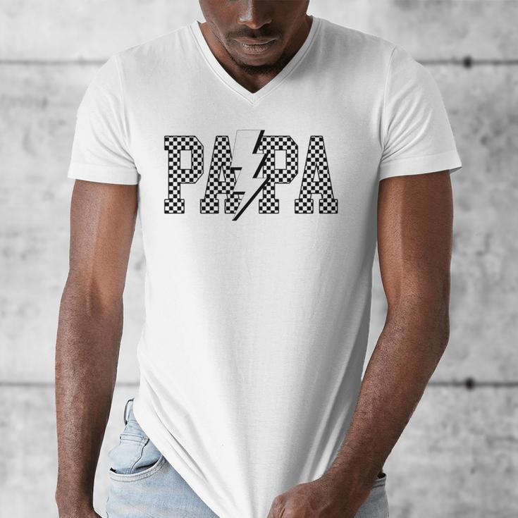 Checkered Papa Lightning Bolt Fathers Day Dad Grandpa Men's V-Neck T-Shirt