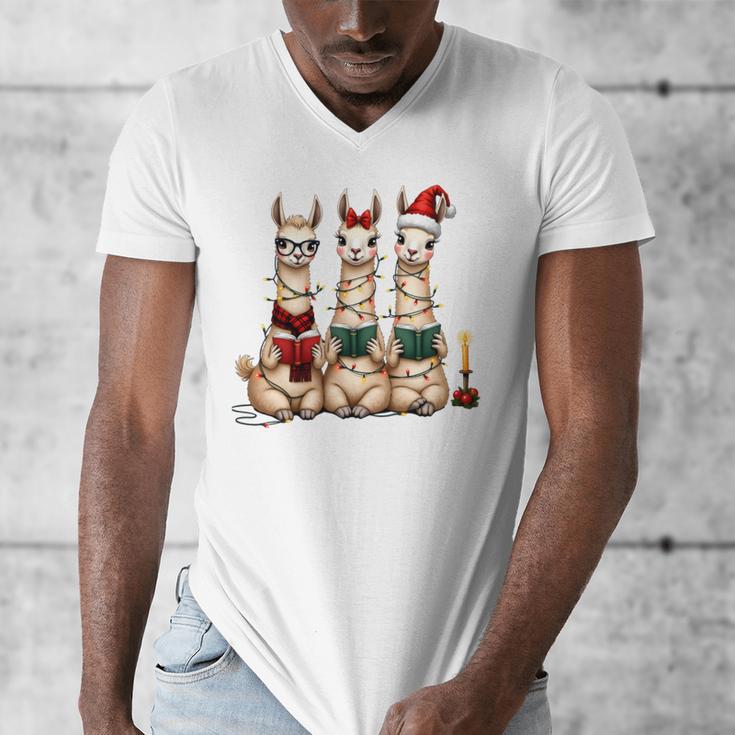 Christmas Three Llamas Reading Reading Books Llama Lover Men's V-Neck T-Shirt Christmas Three Llamas Reading Reading Books Llama Lover Men's V-Neck T-Shirt