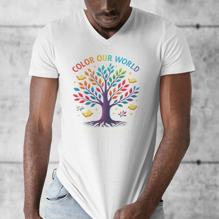 Color Our World Summer Reading Program 2025 Trippy Book Tree Men's V-Neck T-Shirt