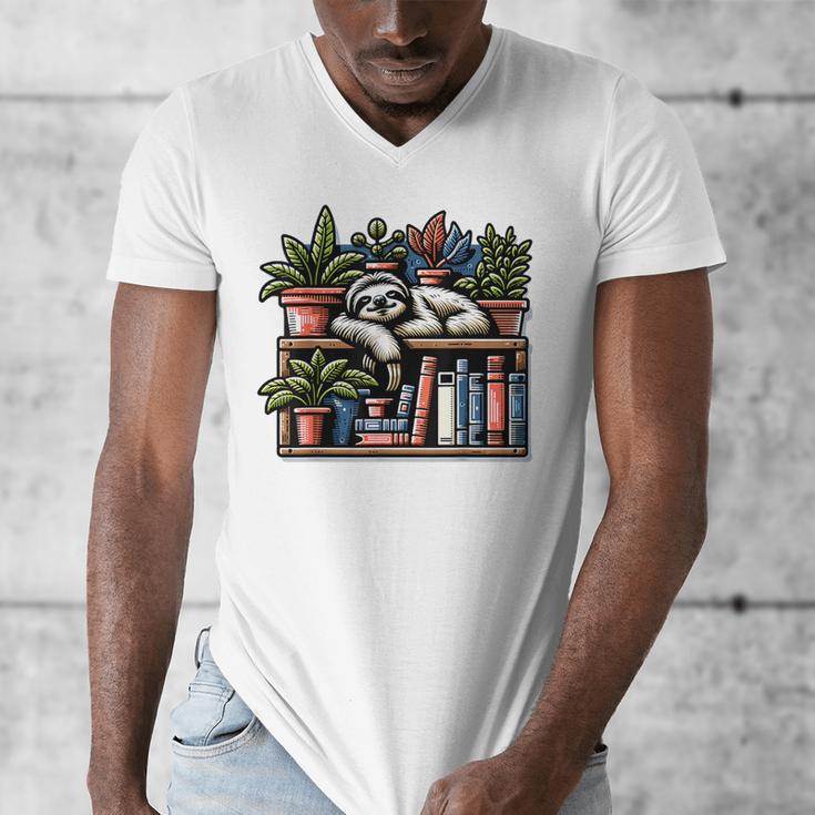 Cosy Sloth In Bookshelf With Plants Men's V-Neck T-Shirt