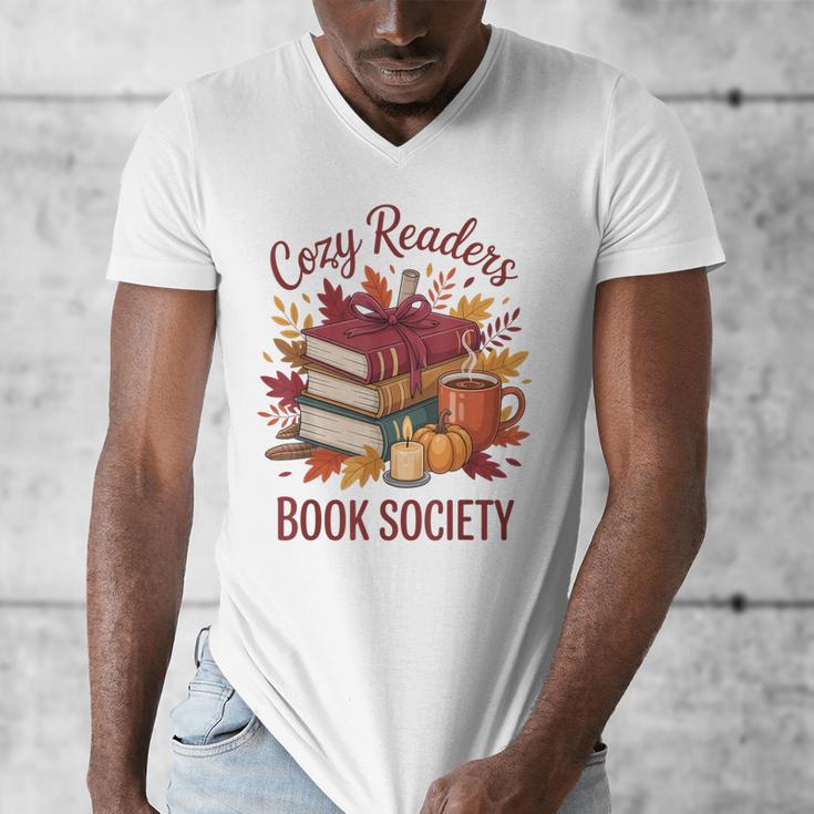 Cozy Readers Book Society Fall Autumn Floral Pumpkin Season Men's V-Neck T-Shirt