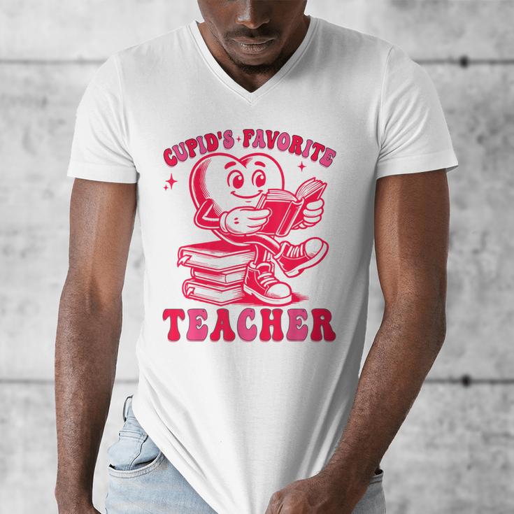 Cupid's Favorite Teacher Valentines Day Heart Book Lover Men's V-Neck T-Shirt Cupid's Favorite Teacher Valentines Day Heart Book Lover Men's V-Neck T-Shirt