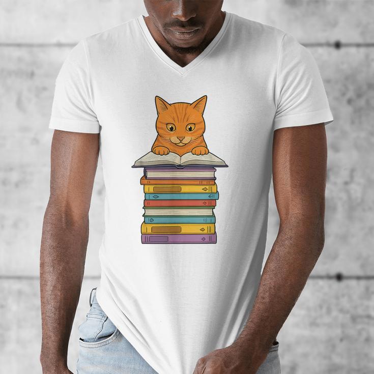 Cute Orange Tabby Cat Reading On Pile Of Books Men's V-Neck T-Shirt