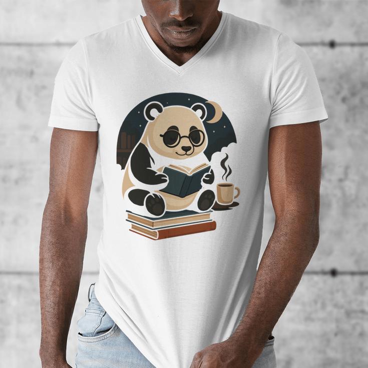 Cute Panda Reading Book Under Moon Bookworm Coffee Lover Men's V-Neck T-Shirt