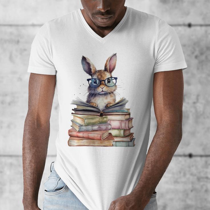 Cute Reading Bunny With Glasses Books Bookworm Reader Book Premium Tri-Blend Men's V-Neck T-Shirt