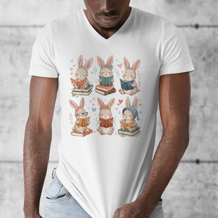 Cute Teacher Bunny Rabbit Reading Easter Bunnies Book Lovers Men's V-Neck T-Shirt